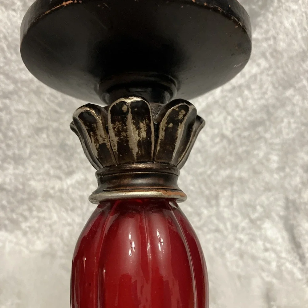 Lot of 2 Pillar Candle Holders, Red Ornate Glass Art Deco & Antiqued Brown Wood